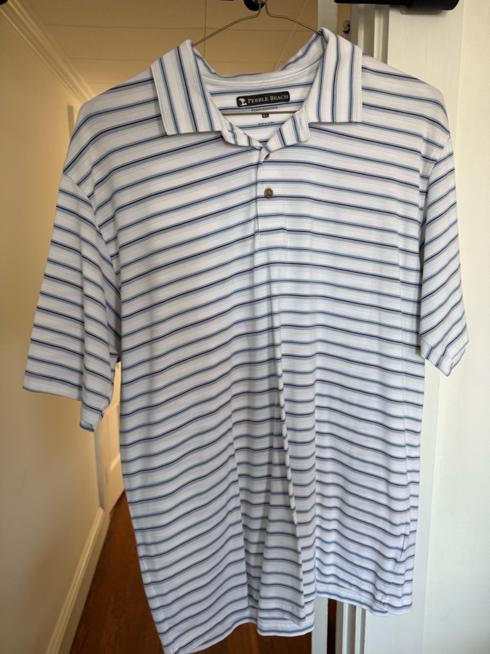 Pebble Beach White Polo with Light and Dark Blue Stripes